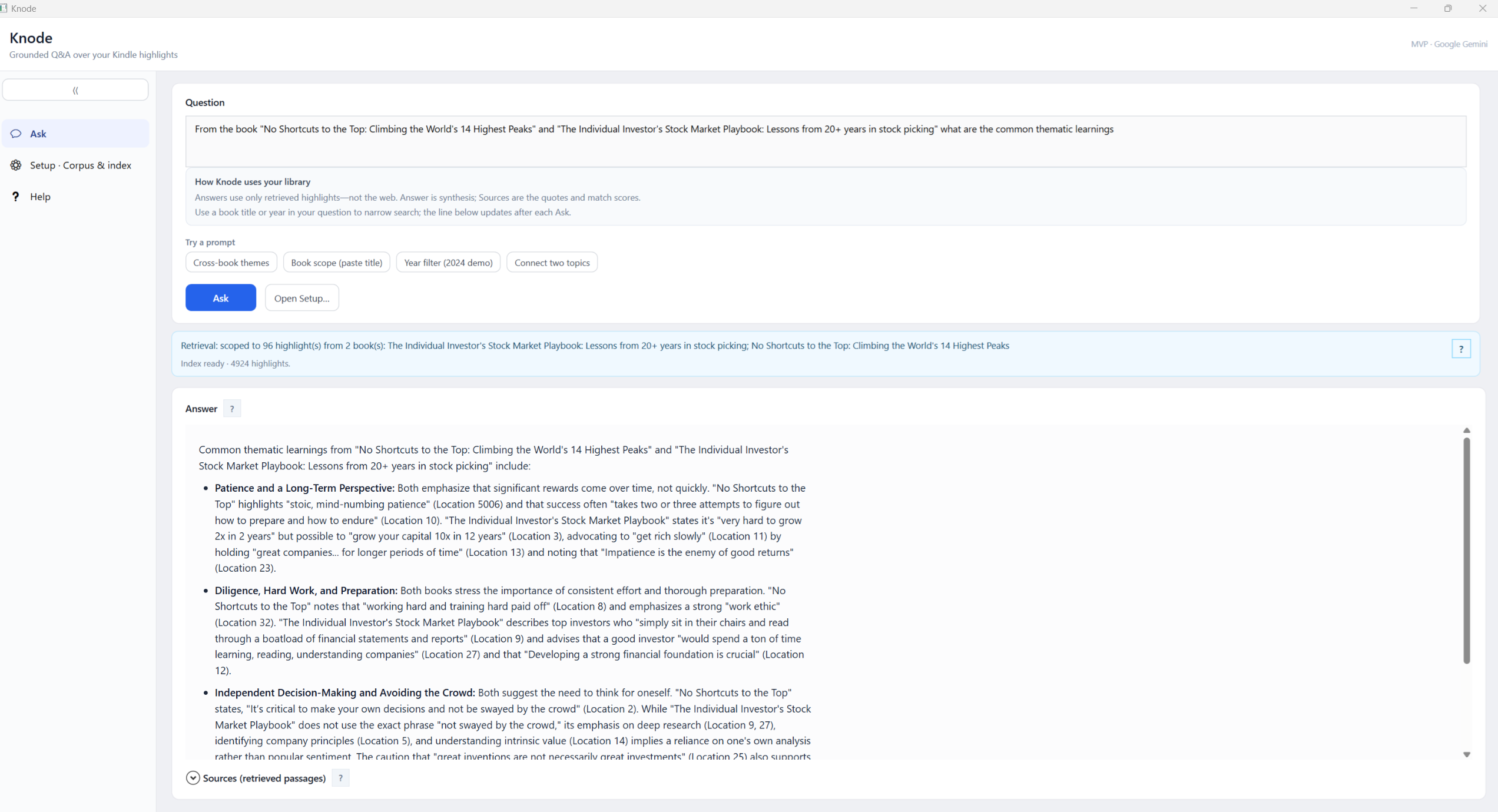Knode Ask UI: question, coaching, answer, and collapsible sources